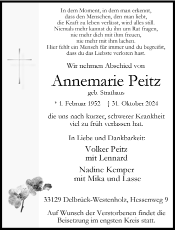 Traueranzeige von Annemarie Peitz von Westfalen Blatt