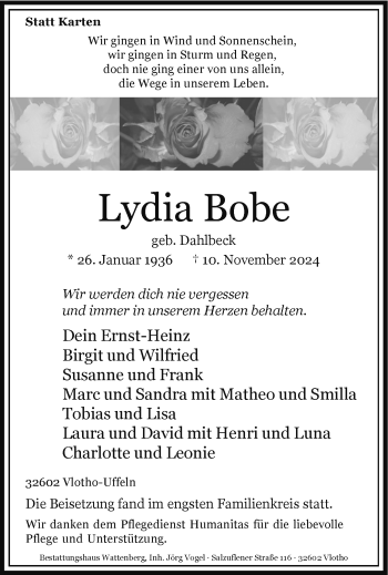 Traueranzeige von Lydia Bobe von Westfalen Blatt