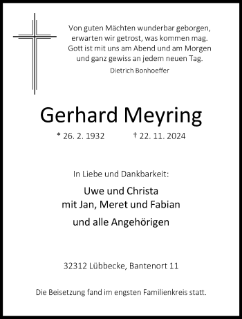 Traueranzeige von Gerhard Meyring von Westfalen Blatt