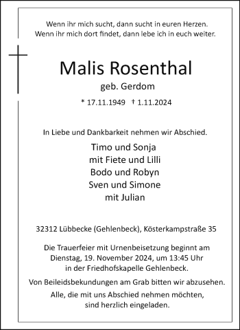 Traueranzeige von Malis Rosenthal von Westfalen Blatt