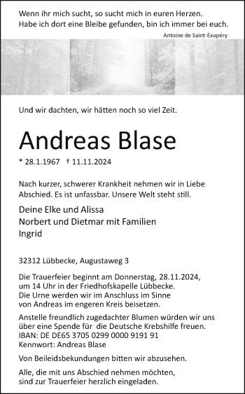 Traueranzeige von Andreas Blase von Westfalen Blatt