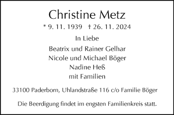 Traueranzeige von Christine Metz von Westfalen Blatt