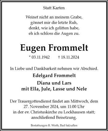 Traueranzeige von Eugen Frommelt von Westfalen Blatt