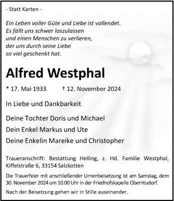 Traueranzeige von Alfred Westphal von Westfalen Blatt