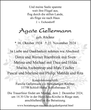 Traueranzeige von Agate Gellermann von Westfalen Blatt