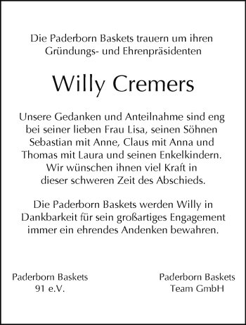 Traueranzeige von Willy Cremers von Westfalen Blatt