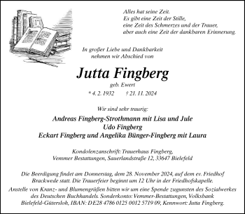 Traueranzeige von Jutta Fingberg von Westfalen Blatt