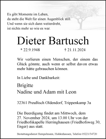 Traueranzeige von Dieter Bartusch von Westfalen Blatt