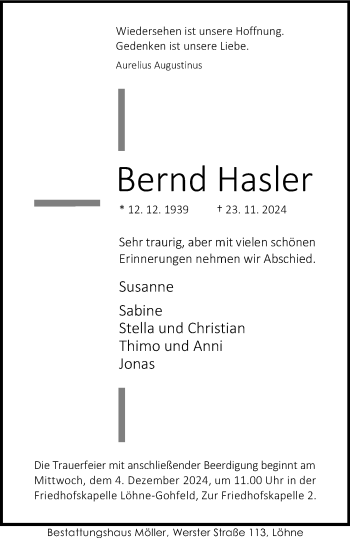 Traueranzeige von Bernd Hasler von Westfalen Blatt