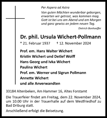 Traueranzeige von Dr. phil. Ursula Wichert-Pollmann von Westfalen Blatt