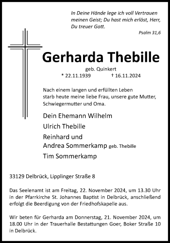 Traueranzeige von Gerharda Thebille von Westfalen Blatt