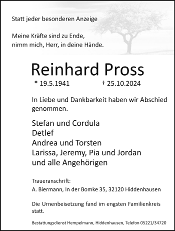 Traueranzeige von Reinhard Pross von Westfalen Blatt