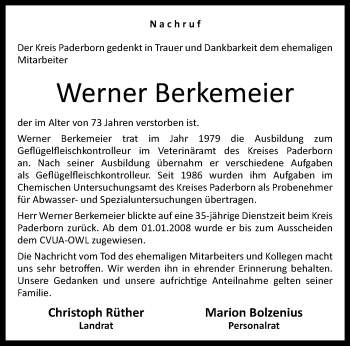 Traueranzeige von Werner Berkemeier von Westfalen Blatt