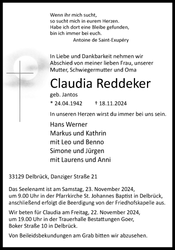 Traueranzeige von Claudia Reddeker von Westfalen Blatt