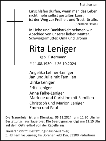 Traueranzeige von Rita Leniger von Westfalen Blatt