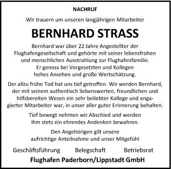 Traueranzeige von Bernhard Strass von Westfalen Blatt