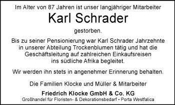 Traueranzeige von Karl Schrader von Westfalen Blatt