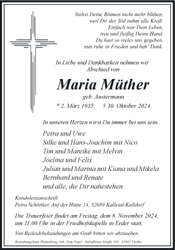 Traueranzeige von Maria Müther von Westfalen Blatt