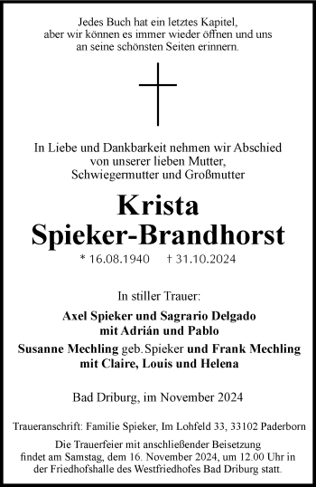 Traueranzeige von Krista Spieker-Brandhorst von Westfalen Blatt