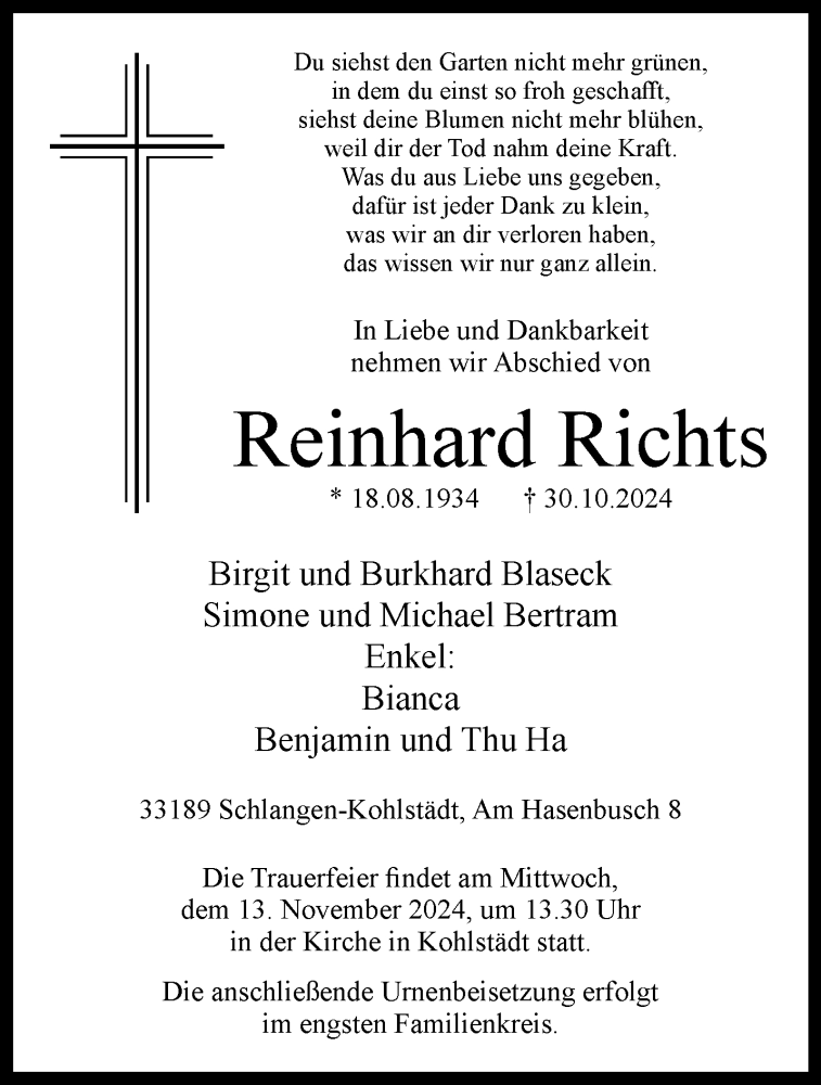  Traueranzeige für Reinhard Richts vom 06.11.2024 aus Westfalen Blatt