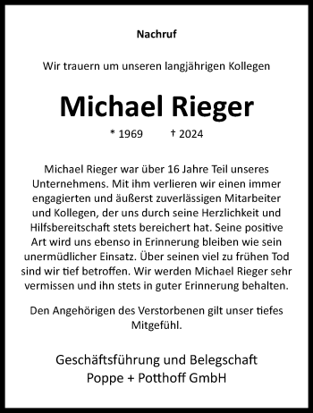 Traueranzeige von Michael Rieger von Westfalen Blatt