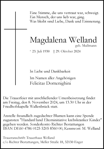 Traueranzeige von Magdalena Welland von Westfalen Blatt