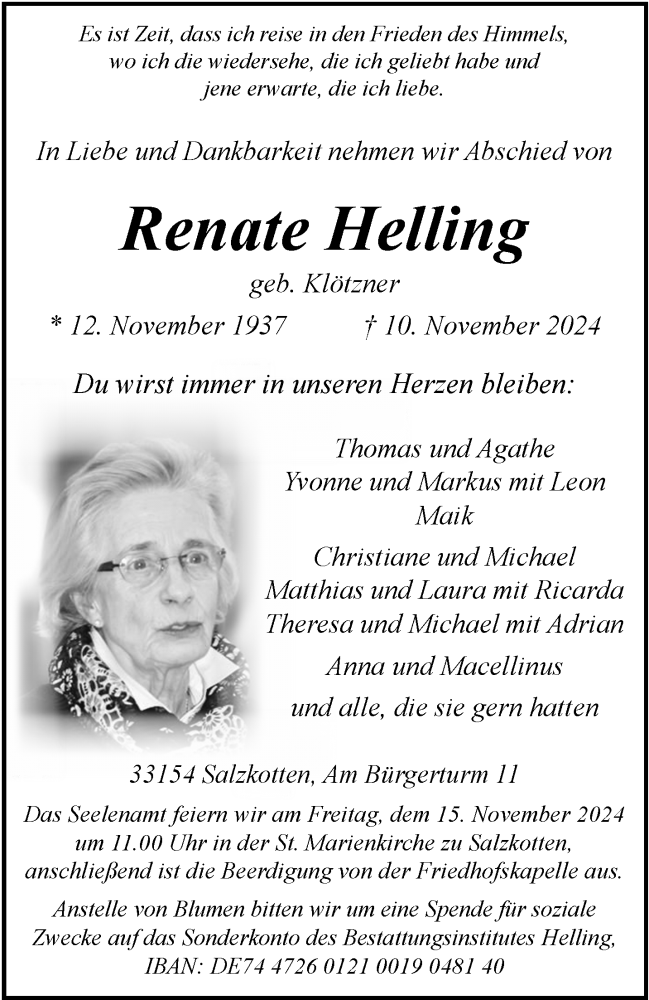  Traueranzeige für Renate Helling vom 13.11.2024 aus Westfalen Blatt