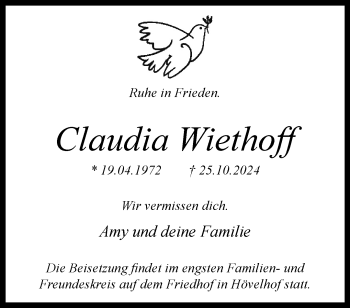 Traueranzeige von Claudia Wiethoff von Westfalen Blatt