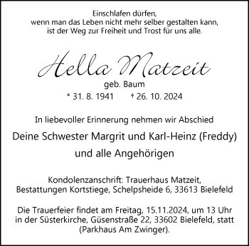 Traueranzeige von Hella Matzeit von Westfalen Blatt