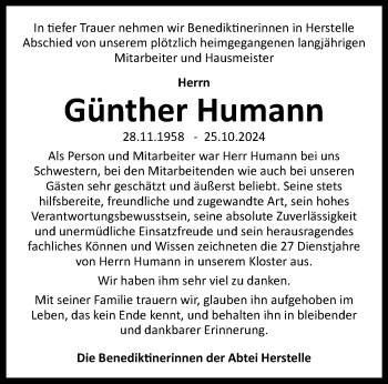 Traueranzeige von Günther Humann von Westfalen Blatt