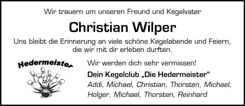  Traueranzeige für Christian Wilper vom 09.11.2024 aus Westfalen Blatt