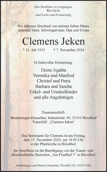 Traueranzeige von Clemens Jeken von Westfalen Blatt