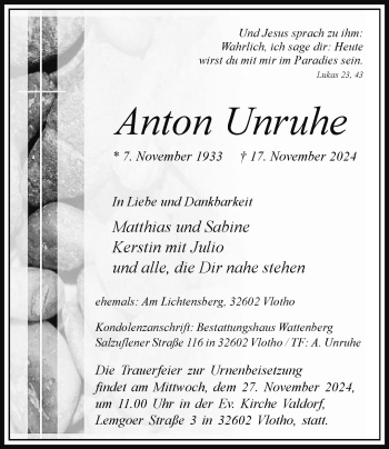 Traueranzeige von Anton Unruhe von Westfalen Blatt