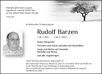 Traueranzeige von Rudolf Barzen von Westfalen Blatt