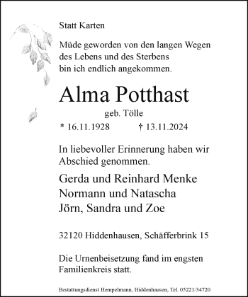 Traueranzeige von Alma Potthast von Westfalen Blatt