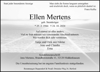 Traueranzeige von Ellen Mertens von Westfalen Blatt