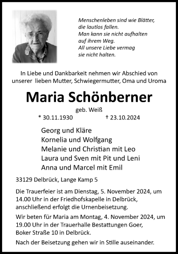 Traueranzeige von Maria Schönberner von Westfalen Blatt