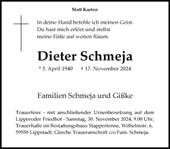 Traueranzeige von Dieter Schmeja von Westfalen Blatt