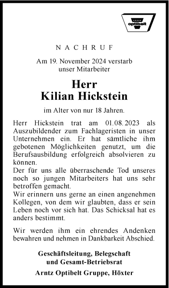 Traueranzeige von Kilian Hickstein von Westfalen Blatt