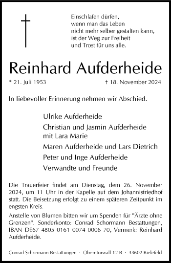 Traueranzeige von Reinhard Aufderheide von Westfalen Blatt