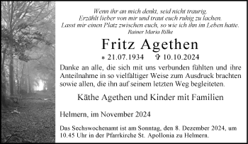 Traueranzeige von Fritz Agethen von Westfalen Blatt