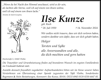 Traueranzeige von Ilse Kunze von Westfalen Blatt