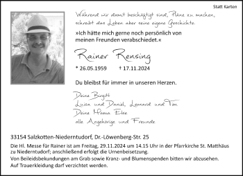 Traueranzeige von Rainer Rensing von Westfalen Blatt