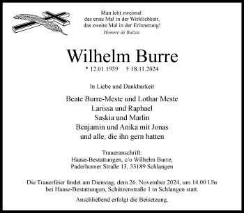 Traueranzeige von Wilhelm Burre von Westfalen Blatt