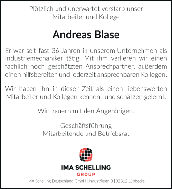 Traueranzeige von Andreas Blase von Westfalen Blatt