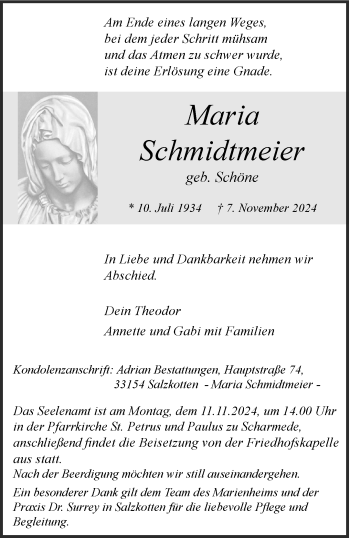 Traueranzeige von Maria Schmidtmeier von Westfalen Blatt