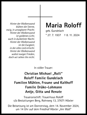 Traueranzeige von Maria Roloff von Westfalen Blatt