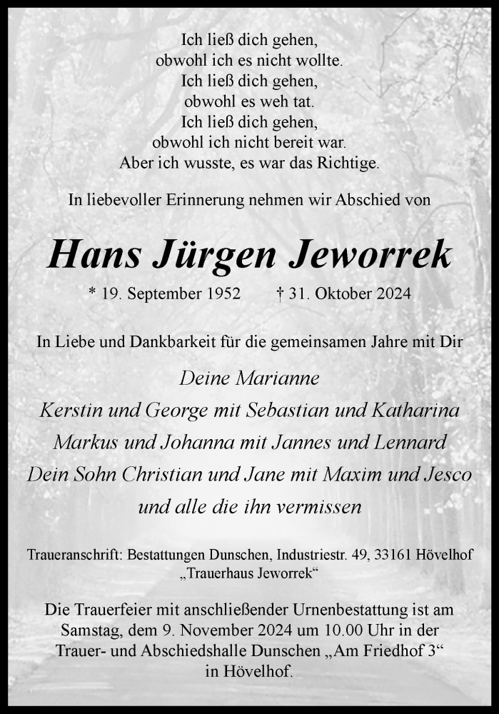  Traueranzeige für Hans Jürgen Jeworrek vom 06.11.2024 aus Westfalen Blatt