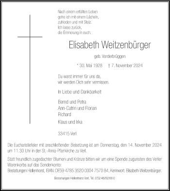 Traueranzeige von Elisabeth Weitzenbürger von Westfalen Blatt