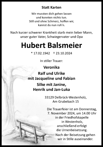 Traueranzeige von Hubert Balsmeier von Westfalen Blatt